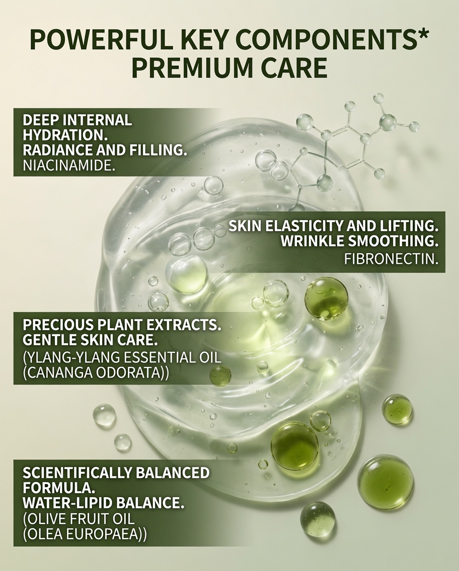 Key components — Niacinamide, Fibronectin, Ylang-Ylang, Olive Fruit Oil